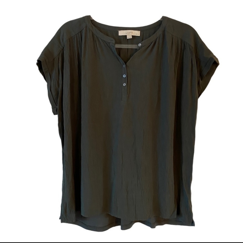 4/$15 SALE Loft | Boho Gauzy Oversized Blouse Gray Black Petite Cap Sleeve